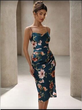 Floral Teal Maxi Dress | Satin Finish | Adjustable Straps | Side Slit | Size M🌼